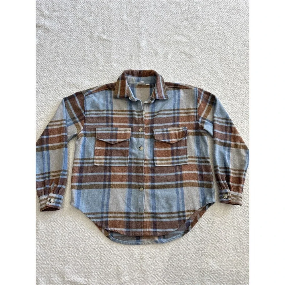 Ford Bronco Flannel Shirt Women’s S/M  Blue Plaid Western Oversized Shacket